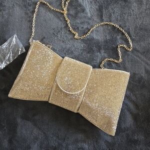 Gold Crystal Bow Chain Shoulder Bag - Elegant Evening Clutch